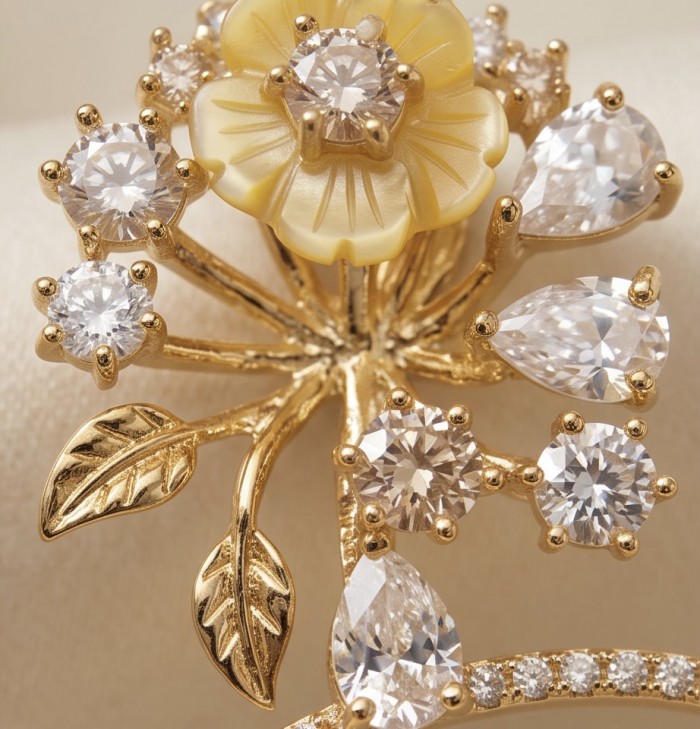 Secret Melody Authentic 11.2 carat Moissanite 22K Gold over .925 Sterling Silver handcrafted Statement Pendant - Close-up of Secret Melody Moissanite flower brooch in 22K gold.