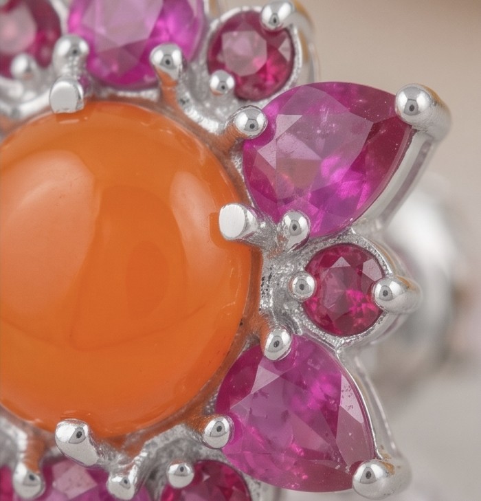 Beauty of nature Sublime Orange Carnelian RHODIUM OVER .925 Sterling Silver handmade earrings - Stone close-up of orange carnelian with pink gems and rhodium over setting.