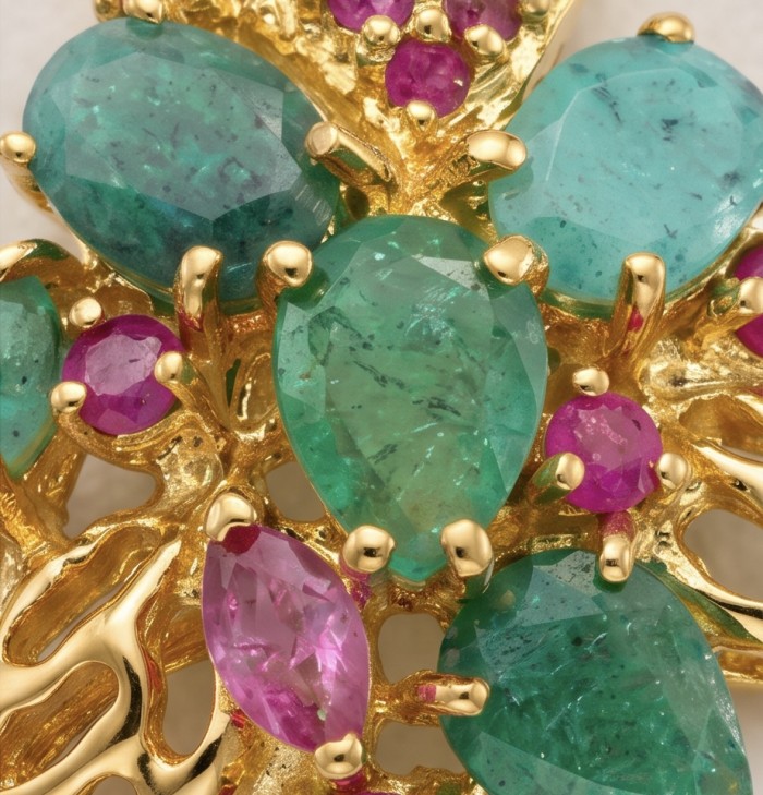 Amazonia - 18.8 carat Colombian Emerald .925 Sterling Silver handmade Statement pendant - Stone close-up of Amazonia jewelry with emeralds and rubies