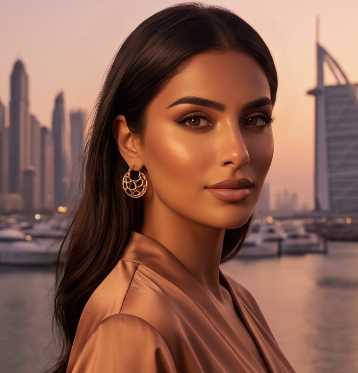 Dubai Style .925 Sterling Silver dipped in 22K Gold handmade Earrings - Woman wearing gold earrings, Dubai skyline in the background.