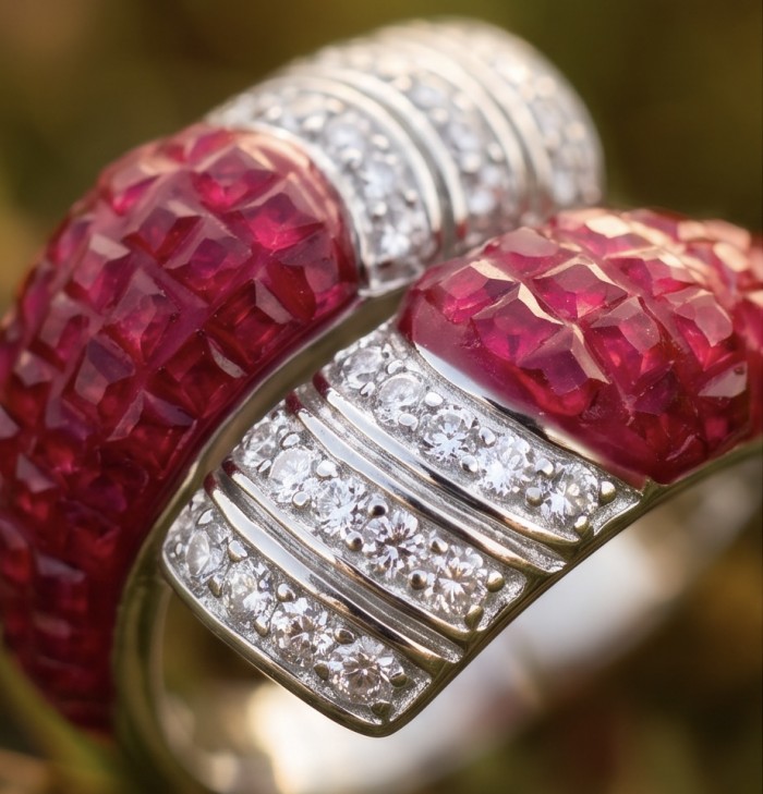 Scarlett 7.7 ctw Mozambique Ruby .925 Sterling Silver dipped in rhodium handcrafted Statement Ring size 7 1/4 - Close-up of Scarlett 7.7 ctw Mozambique Ruby Silver Ring