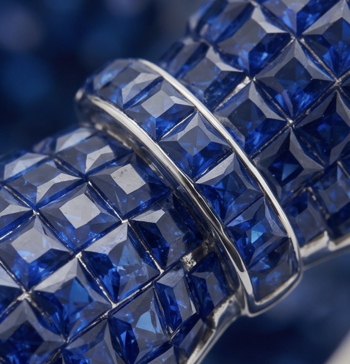 BLUE BOW - Iconic design- 22.2 carat natural pave Sapphire .925 Sterling Silver Perfectly handcrafted Ring s. 6 1/2 - Close-up of pave sapphire detailing on blue bow jewelry design