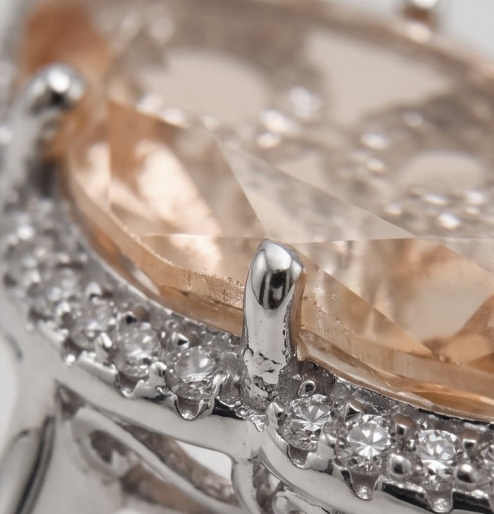 Jasmine 9.9 carat authentic Morganite .925 Sterling Silver Handcrafted Ring size 9 - Close-up of Morganite and diamonds in sterling silver setting.