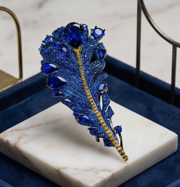 Magic Blue Feather Large 10.8 carats pave Sapphire .925 Sterling Silver DIPPED IN RHODIUM handmade Pendant - Brooch - Magic Blue Feather brooch, front view, rich blue sapphires, on display stand.
