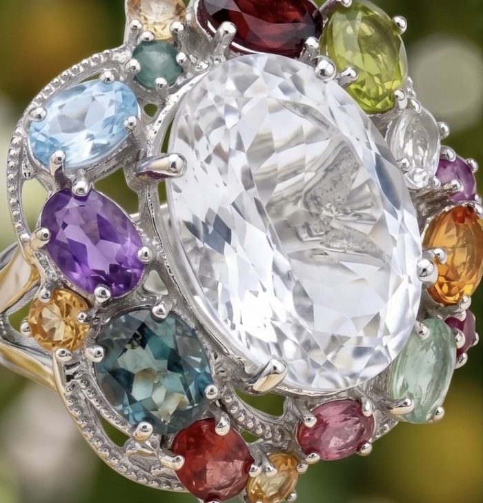 Dolce Vita - Natural 32.8 carat White Topaz .925 Sterling Silver dipped in rhodium handcrafted Statement LARGE ring; s. 8 - Close-up of colorful gemstone ring with large white topaz centerpiece.