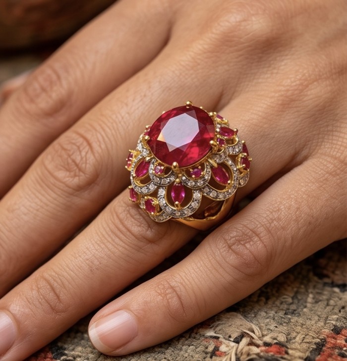 Opera Genuine 17.5 CARAT Mozambique Ruby 22K Gold over .925 Sterling Silver Large Statement Ring size 7 1/2 - Ruby ring on hand, 22K gold with diamonds, top view close-up.
