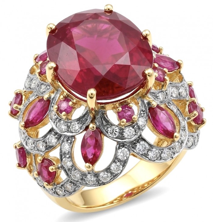 Opera Genuine 17.5 CARAT Mozambique Ruby 22K Gold over .925 Sterling Silver Large Statement Ring size 7 1/2 - Close-up of Opera 17.5 ct Mozambique Ruby ring in gold setting.