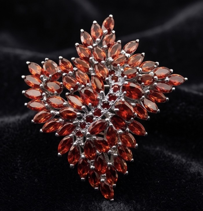 Mademoiselle - Vintage Design 30.2 CARAT Brazilian Garnet rhodium over .925 Sterling Silver handcrafted Pendant & Brooch - Close-up of Mademoiselle brooch with 30.2 carat Brazilian garnets