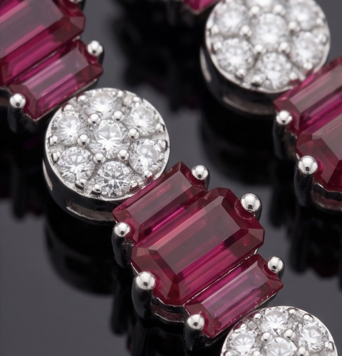 Art Deco - Giovanna - Magnificent Jewel 2.7 carat Ruby .925 Sterling Silver handcrafted incredible earrings - Close-up of ruby and diamond details on Art Deco jewelry.