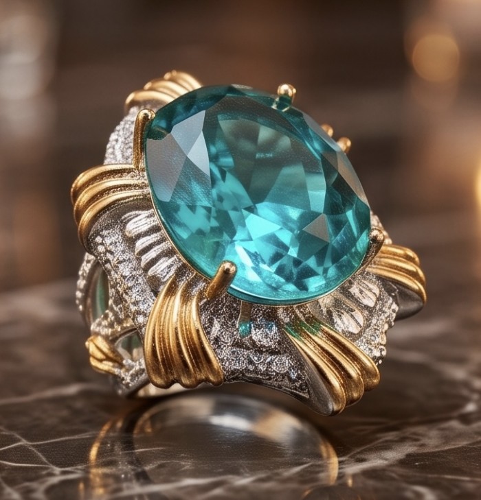 Real Treasure 21.5 carat Aquamarine 2 tones .925 Sterling Silver handcrafted ring size 7 - Close-up of 21.5 carat aquamarine ring with gold and silver detailing