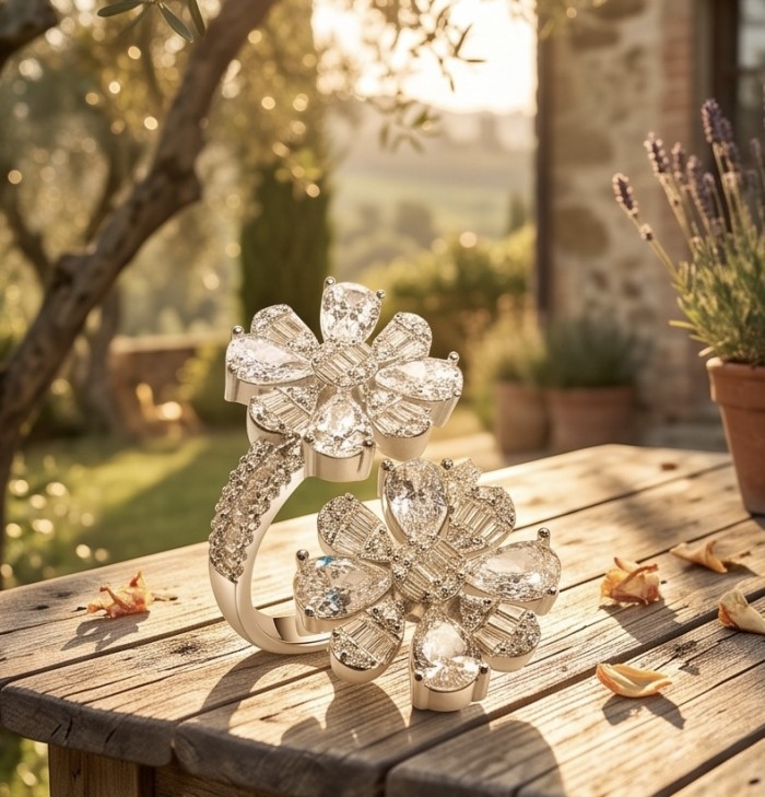 White Pure Flowers Luxurious 10.5 carat White Topaz rhodium over .925 Sterling Silver ring size 7 - Close-up of luxurious flower-shaped white topaz rings on wooden table.