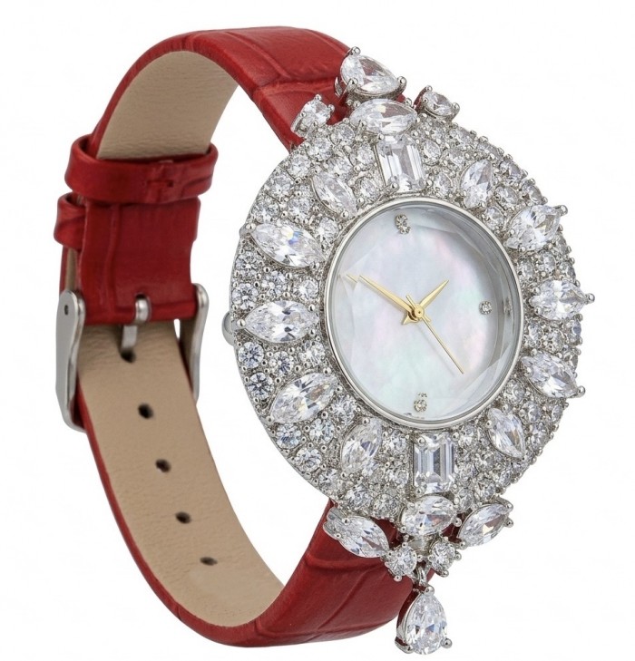 Precious 22.5 carat Authentic Moissanite Genuine red Leather strap .925 Sterling Silver handmade Watch - Luxurious watch with moissanite stones, red leather strap, angled view.