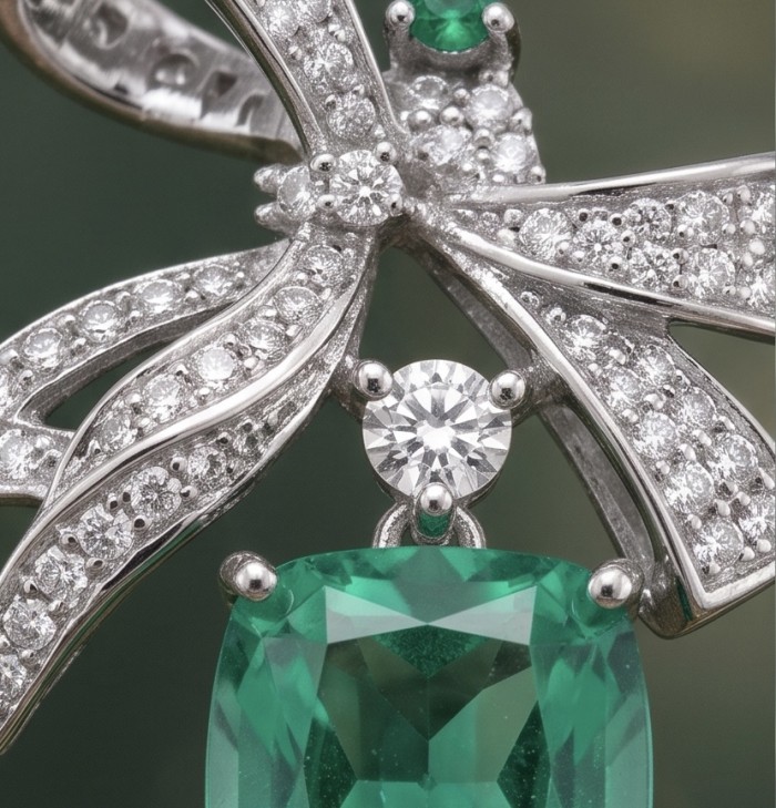 Green Bow - 12.5 carat Green Topaz rhodium over .925 Sterling Silver handmade Statement earrings - Close-up of Green Bow jewelry with green topaz and diamond details