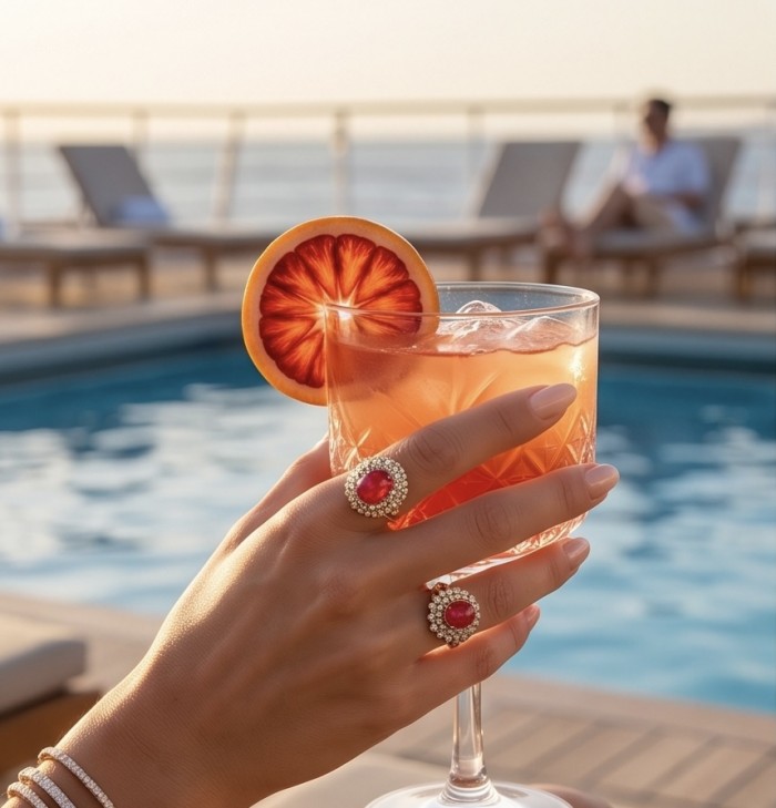 Scarlett 8.7 ctw Mozambique Ruby .925 Sterling Silver DIPPED IN 22k GOLD handcrafted Statement Ring size 8 - Ruby rings worn by a poolside with a cocktail in hand.