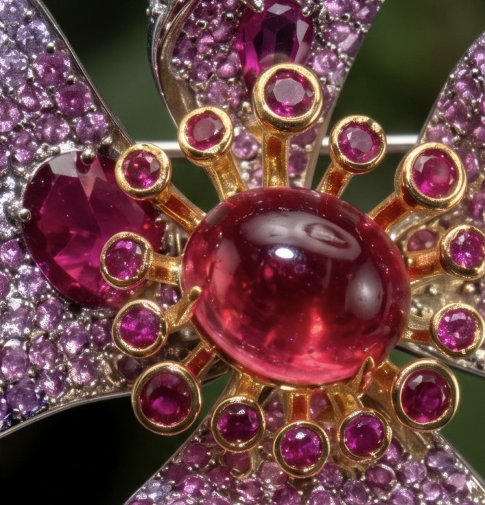 Exotic Flower - RARE FINDING - 7.7 carat Authentic Ruby 22k Gold over .925 Sterling Silver handcrafted Pendant Brooch - Close-up of Exotic Flower brooch with ruby and gold details.