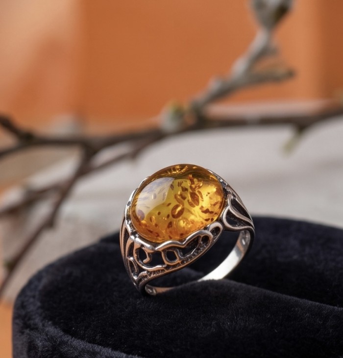 Vintage Style Authentic Golden Butterscotch Baltic Amber .925 Sterling Silver entirely handcrafted ring; s. 5 - Side view of vintage style ring with golden Baltic amber stone.