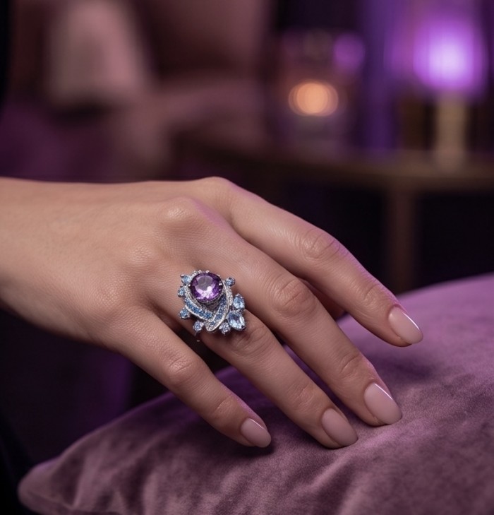 RARE BEAUTY! Valentina 15.9 carat Amethyst .925 Sterling Silver dipped in rhodium Statement Handcrafted Ring size 6 - Amethyst ring worn on hand, elegant setting, purple glow in background.