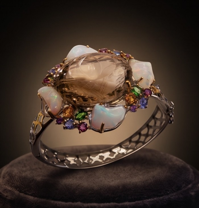 Golden Symphony 59.8 carat Genuine Champagne Topaz Rough Opal 2 tones .925 Sterling Silver dipped in Rhodium handcrafted bracelet - Golden Symphony ring with topaz, side view on display base