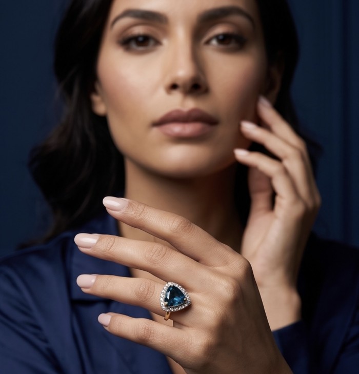 Odyssey 10.5 carat natural trillion cut London Blue Topaz 22K Gold over .925 Sterling Silver Handcrafted Ring size 6 - Hand with Odyssey 10.5 carat London Blue Topaz ring close-up
