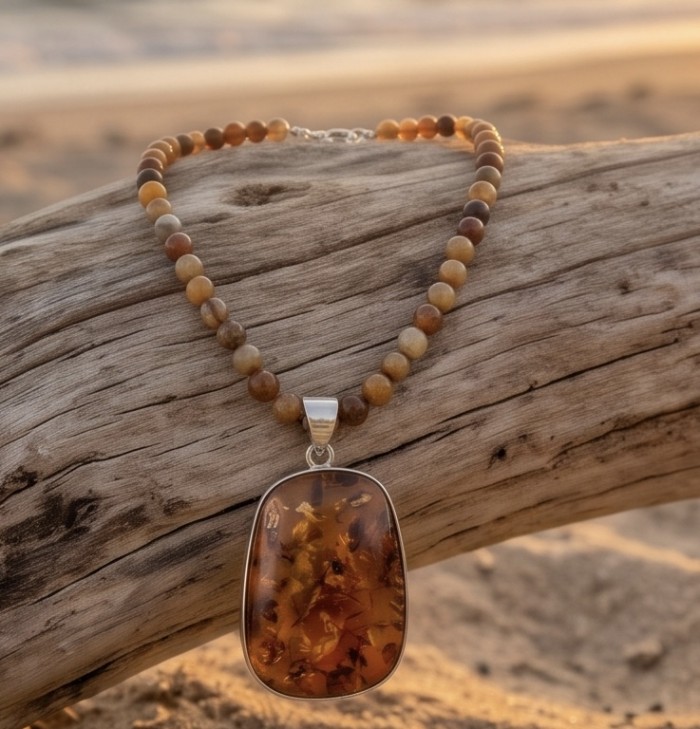 Rare- vintage Style- natural Baltic Amber genuine Botswana Agate .925 Sterling Silver handcrafted LARGE necklace - Baltic amber necklace with pendant on driftwood, beach background.
