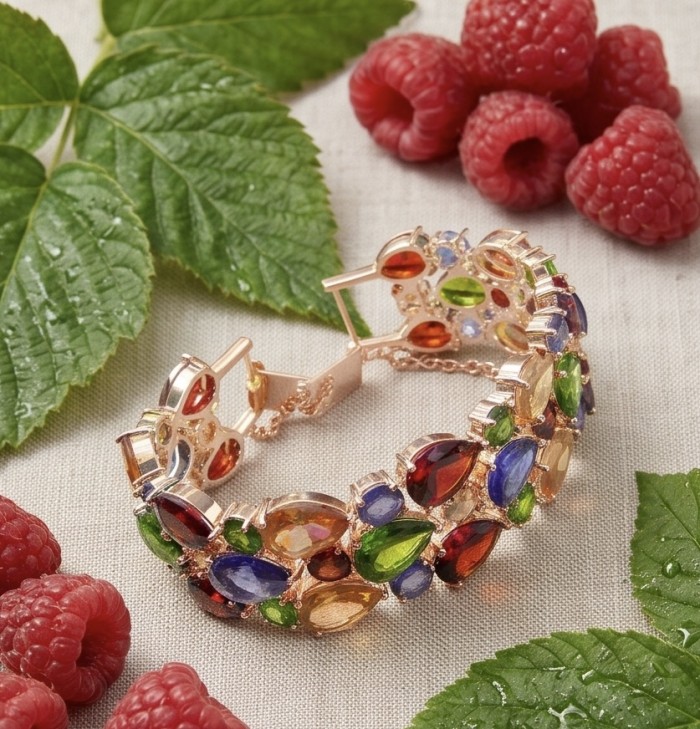 Tutti Frutti 125.5 CARAT MULTIGEM 14k Gold over .925 Sterling Silver brilliantly handcrafted Bracelet - Multigem bracelet with raspberries and leaves, top view.