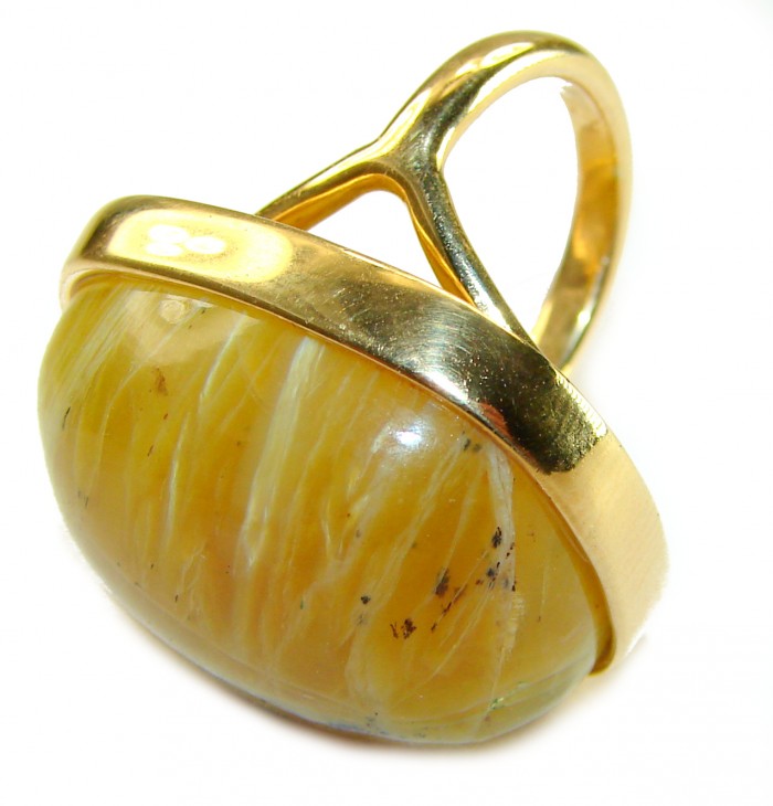 Himalayan Treasure 29.9 carat Best quality Golden Rutilated Quartz 18K Gold over .925 Sterling Silver handcrafted Ring Size 4 1/4 - Golden Rutilated ring, stone side view with gold setting, 29.9 carat.