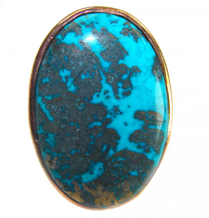 Authentic Parrot's Wing Chrysocolla 18K Gold over .925 Sterling Silver handcrafted ring size 8 adjustable - Stone close-up of Parrot's Wing Chrysocolla in 18K Gold setting