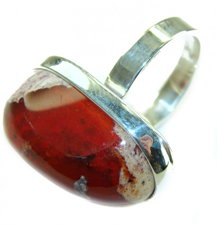 Bonfire Night best quality 26.5 carat Mexican Opal 18K Gold over .925 Sterling Silver handmade ring 8 - Close-up of Mexican Opal ring in 18K gold, side view showing stone detail.