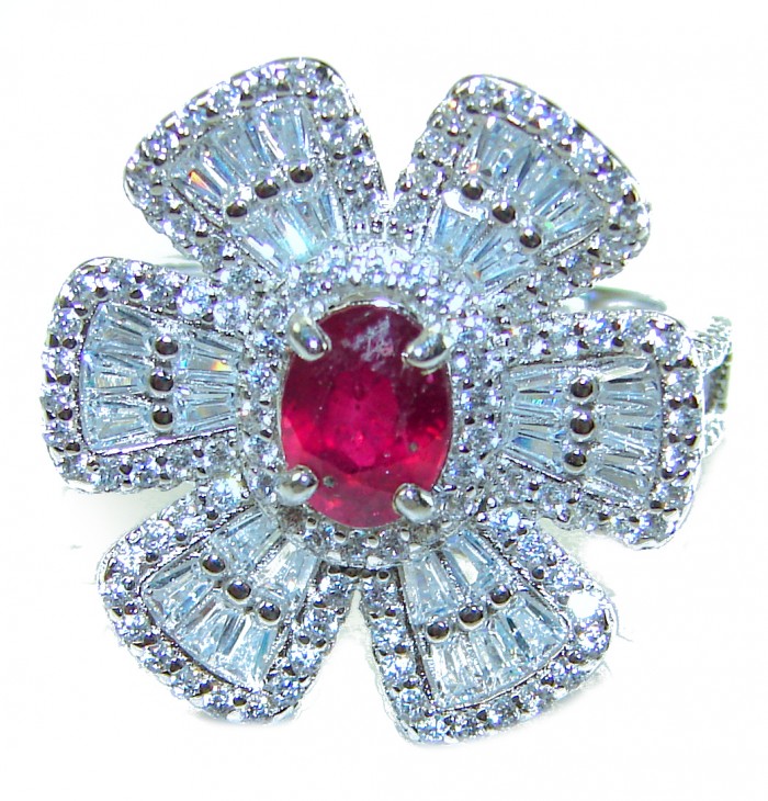 Art Deco * Natural 3.9 carat Ruby .925 Sterling Silver handmade Statement Ring size 6 1/4 - Close-up of Art Deco 3.9ct ruby ring in .925 sterling silver.