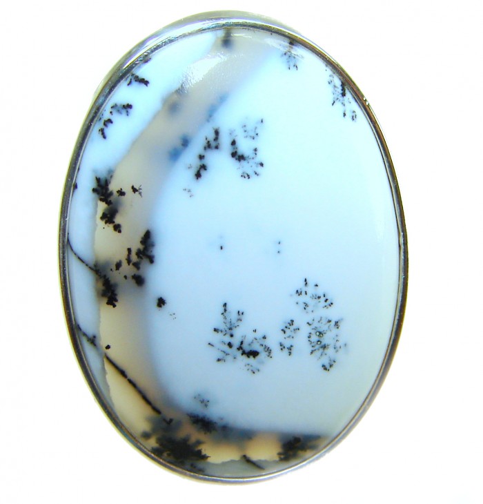 LARGE Top Quality Dendritic Agate .925 Sterling Silver handcrafted Ring s. 7 adjustable - Close-up of dendritic agate stone in .925 sterling silver setting.