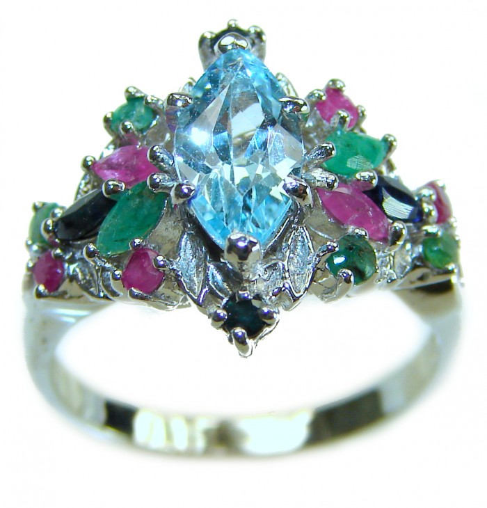Emily 8.5 carat Swiss Aquamarine Ruby Emerald .925 Sterling Silver handmade Statement Ring size 7 - Swiss Aquamarine, Ruby, Emerald Ring, close-up view, .925 Sterling Silver.