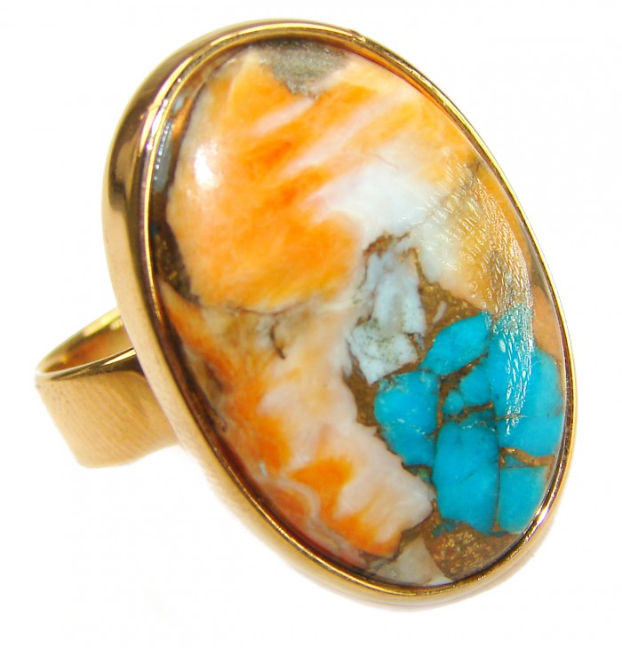 Rare 26.5 carat Oyster Turquoise 18K Gold over .925 Sterling Silver handcrafted Large ring; s. 6 adjustable - Stone close-up of rare Oyster Turquoise ring in 18K gold over sterling silver