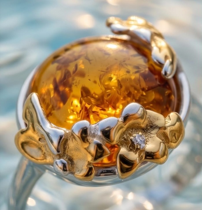 Queen of Fire best quality 6.4 carat BALTIC AMBER 2 tones .925 Sterling Silver handmade ring 7 - Amber ring close-up with floral design and gold accents.