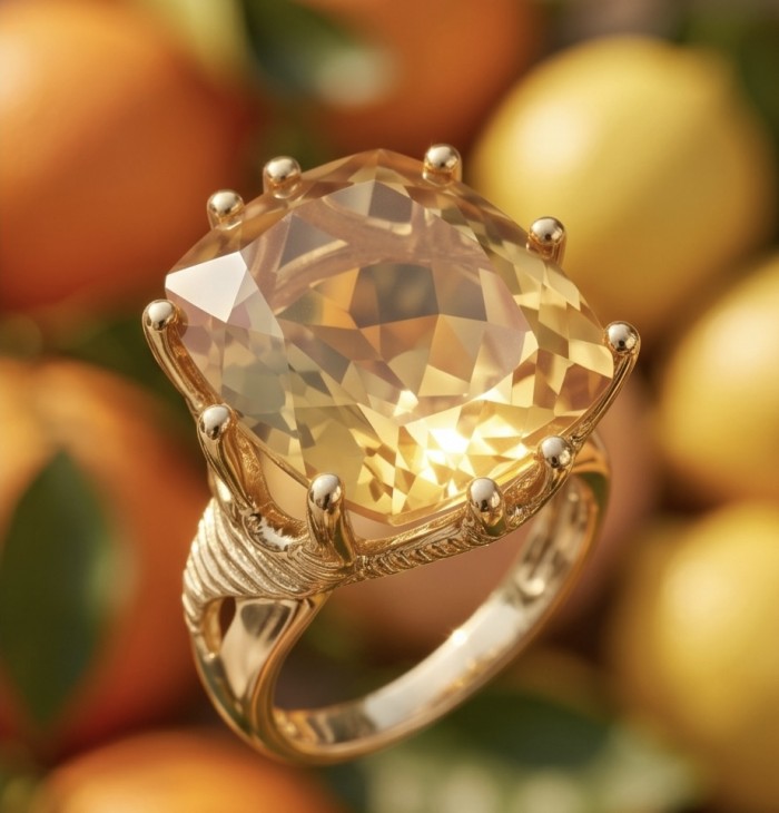 Liliana 25.5 carat Champagne Smoky Topaz .925 Sterling Silver dipped in real 18K Gold Oversized Ring size 8 - Close-up of Liliana 25.5 carat Champagne Smoky Topaz on gold ring setting