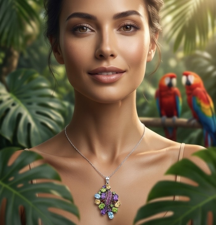 Summer Breeze Precious Multigem .925 Sterling Silver .925 Sterling Silver dipped in black rhodium Pendant - Woman wearing "Summer Breeze" multigem necklace in jungle setting.