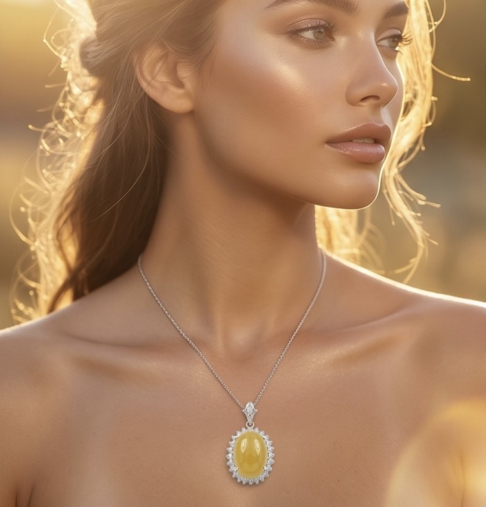 Golden Beauty 14.8 carat Brazilian yellow Tourmaline .925 Sterling Silver handmade Pendant - Side view highlighting the Golden Beauty yellow Tourmaline necklace.