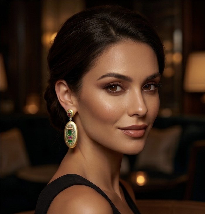 Byzantine design Authentic 8.2 carat Topaz 18K Gold over .925 Sterling Silver handcrafted Statement earrings - Elegant side view of Byzantine earrings with topaz and gold detail.