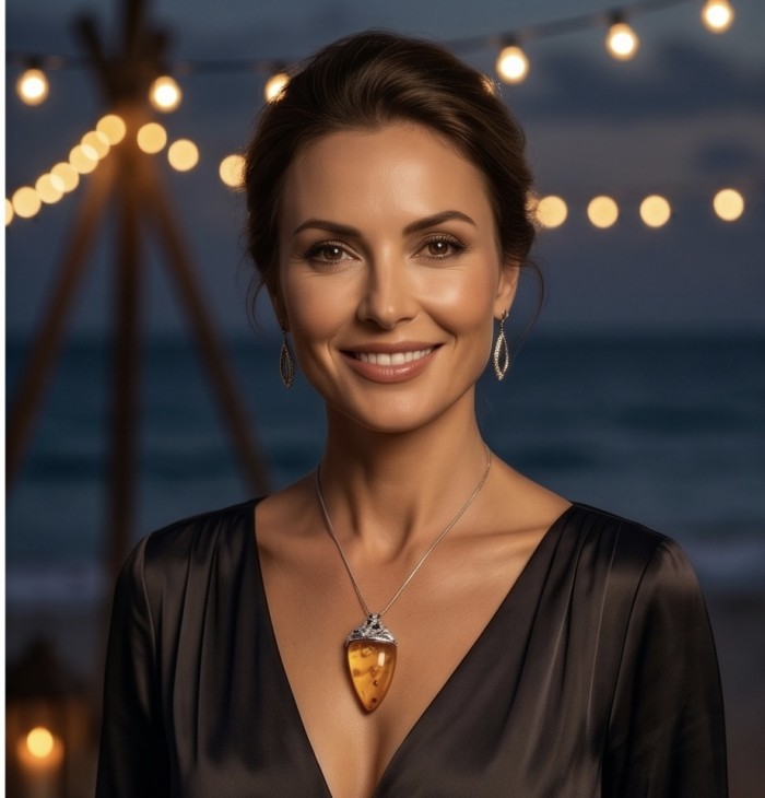 Massive Prehistoric Authentic Golden Baltic Amber rhodium over .925 Sterling Silver beautifully handcrafted Pendant - Woman wearing Massive Prehistoric Authentic Golden Baltic Amber necklace