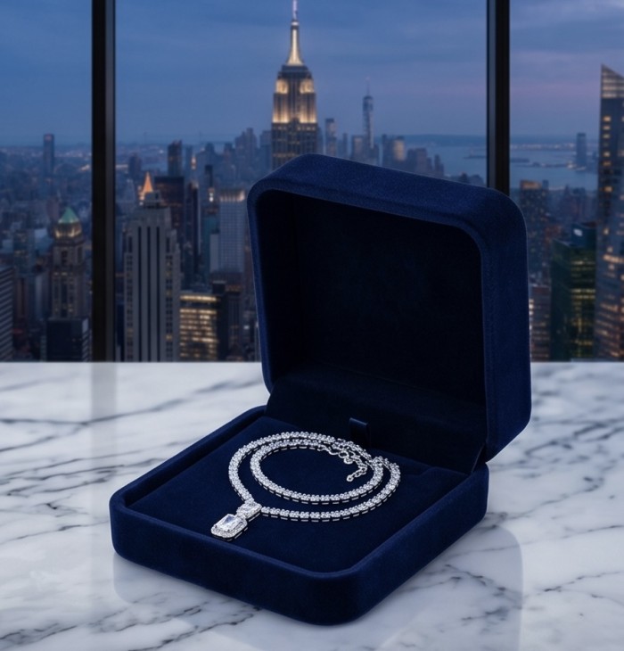 Mademoiselle 27.2 carat Moissanite .925 Sterling Silver .925 Sterling Silver Statement Necklace - Mademoiselle necklace in blue box with city skyline backdrop.