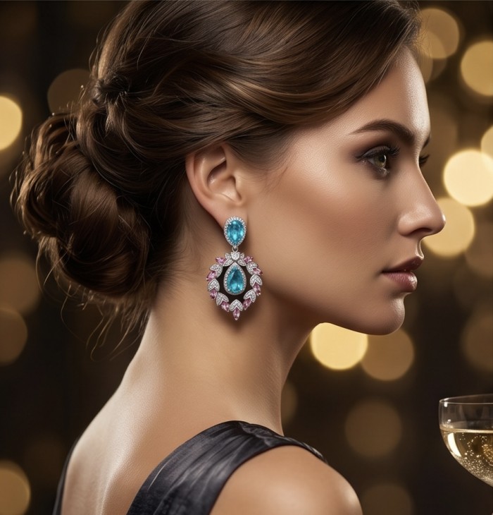 Bellissima Incredible 12.5 carat Paraiba Tourmaline .925 Sterling Silver entirely handmade earrings - Side view of Bellissima earrings with 12.5 carat Paraiba Tourmaline worn