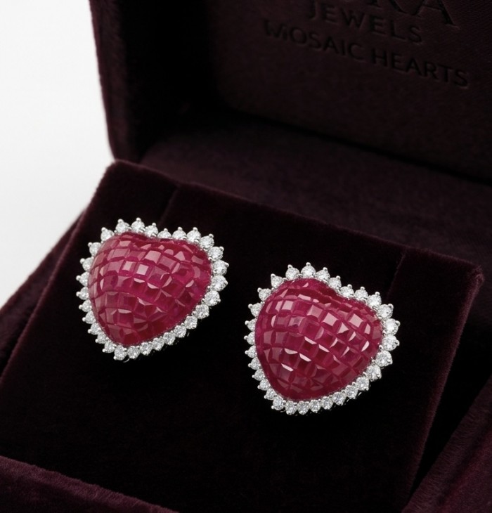 Precious Angel's Hearts mystery setting 11.8 carat Ruby .925 Sterling Silver earrings - Heart-shaped ruby earrings with diamond border in velvet box.