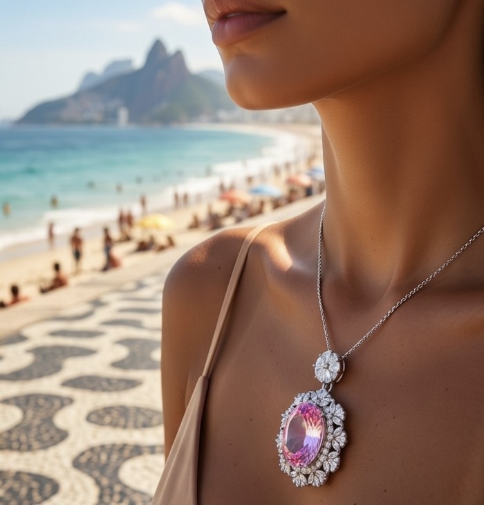 Tiffany Incredible oval cut 20.4 carat Pink Sapphire .925 Sterling Silver handcrafted pendant - Pink sapphire necklace worn by woman on the beach, close-up view.