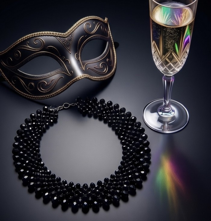 Rachel 250 carat Authentic Onyx .925 Sterling Silver handmade Necklace - Elegant black onyx necklace with mask and champagne, top view