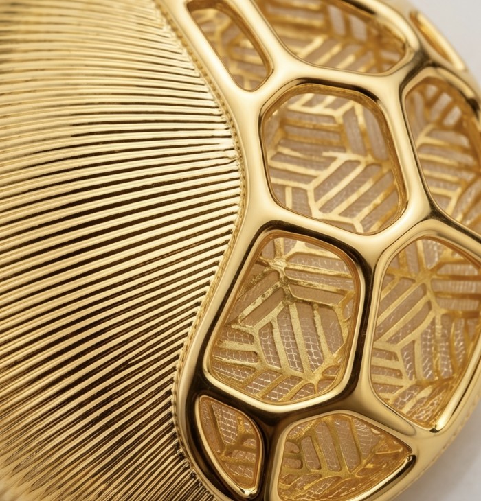 Dubai Style - Golden SPHERES .925 Sterling Silver dipped in 22K Gold handmade Large Earrings - Close-up of golden SPHERES jewelry, textured and intricate design.