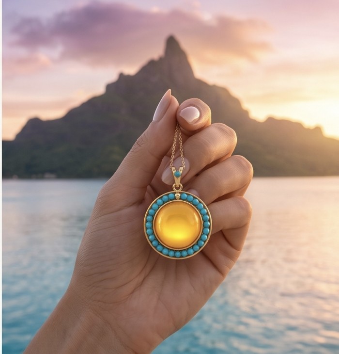 Golden Sun Prehistoric Authentic Butterscotch Baltic Amber .925 Sterling Silver beautifully handcrafted Pendant - Hand holding Golden Sun Amber pendant against scenic mountain backdrop