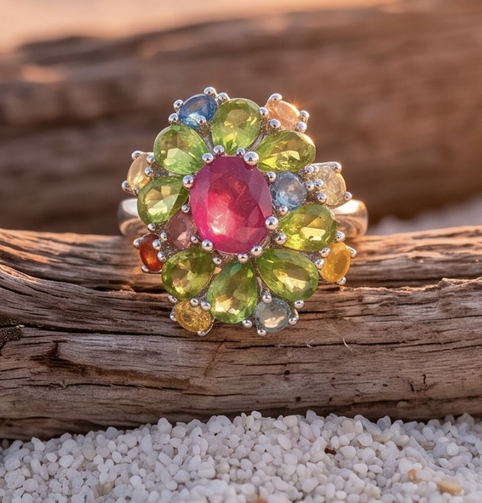 Blooming Garden 6.8 carat Mozambique Ruby 15.5 carat Peridot rhodium over .925 Sterling Silver handmade Statement Ring size 8 adjustable - photo 3