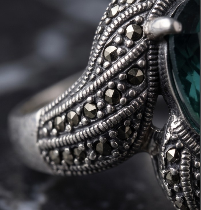 Blue Marina Massive Blue 16.8 carat Aquamarine .925 Sterling Silver handcrafted ring size 7 - Close-up of aquamarine ring with detailed silver and marcasite setting.