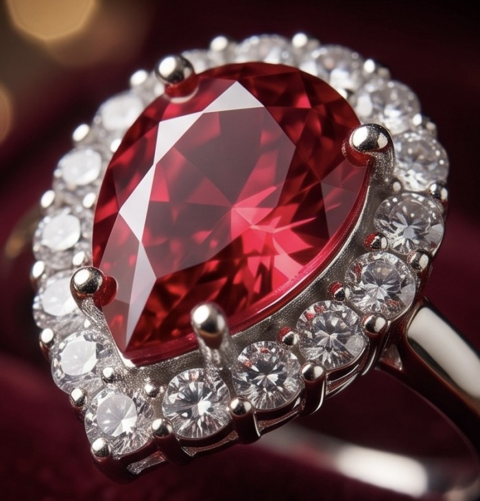 Giuseppina - Magnificent 4.7 carat authentic Ruby rhodium over .925 Sterling Silver handcrafted Statement Ring size 8 - Close-up of Giuseppina ruby ring with diamond halo detail