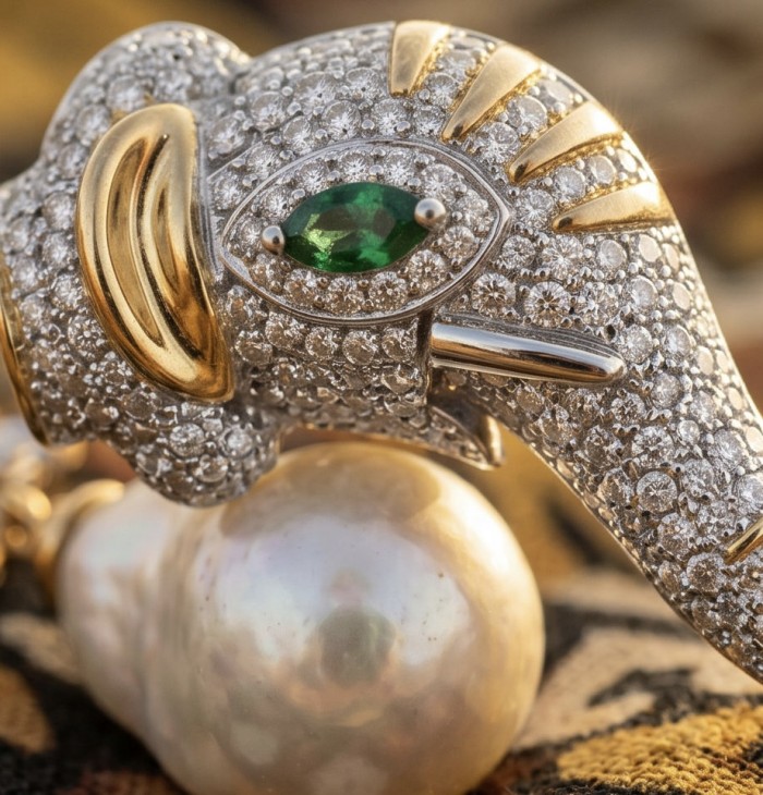 Two Elephats with 0.4 carat Emerald Eyes - Baroque style Precious natural Mother of Pearl 22K Gold over .925 Sterling Silver handcrafted earrings - Close-up of elephant jewelry with emerald eyes and pearl detail.