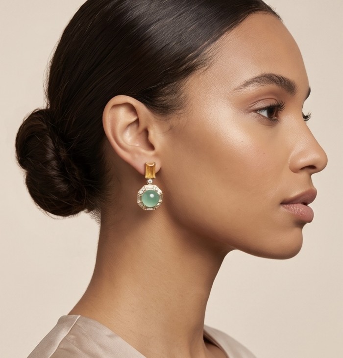 Valentina 5.2 carat Emerald .925 Sterling Silver dipped in 18K Gold Statement handcrafted earrings - Side view of model wearing Valentina 5.2 carat Emerald earrings